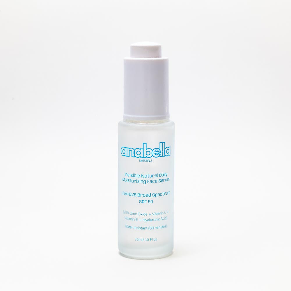 Natural daily invisible mineral hydrating moisturizing sunblock suncreen serum with zinc oxide and organic ingredients. Paraben-free fragrance-free vegan and non-comedogenic UVA+UVB broad spectrum SPF 50 waterproof reef safe light-weight with no white cast for sensitive and dry skin.