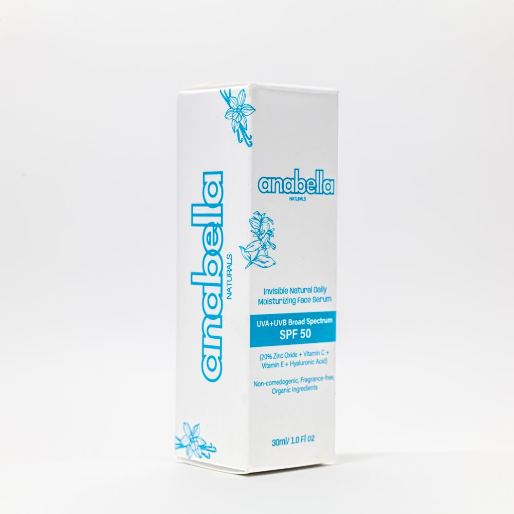 Natural daily invisible mineral hydrating moisturizing sunblock suncreen serum with zinc oxide and organic ingredients. Paraben-free fragrance-free vegan and non-comedogenic UVA+UVB broad spectrum SPF 50 waterproof reef safe light-weight with no white cast for sensitive and dry skin.