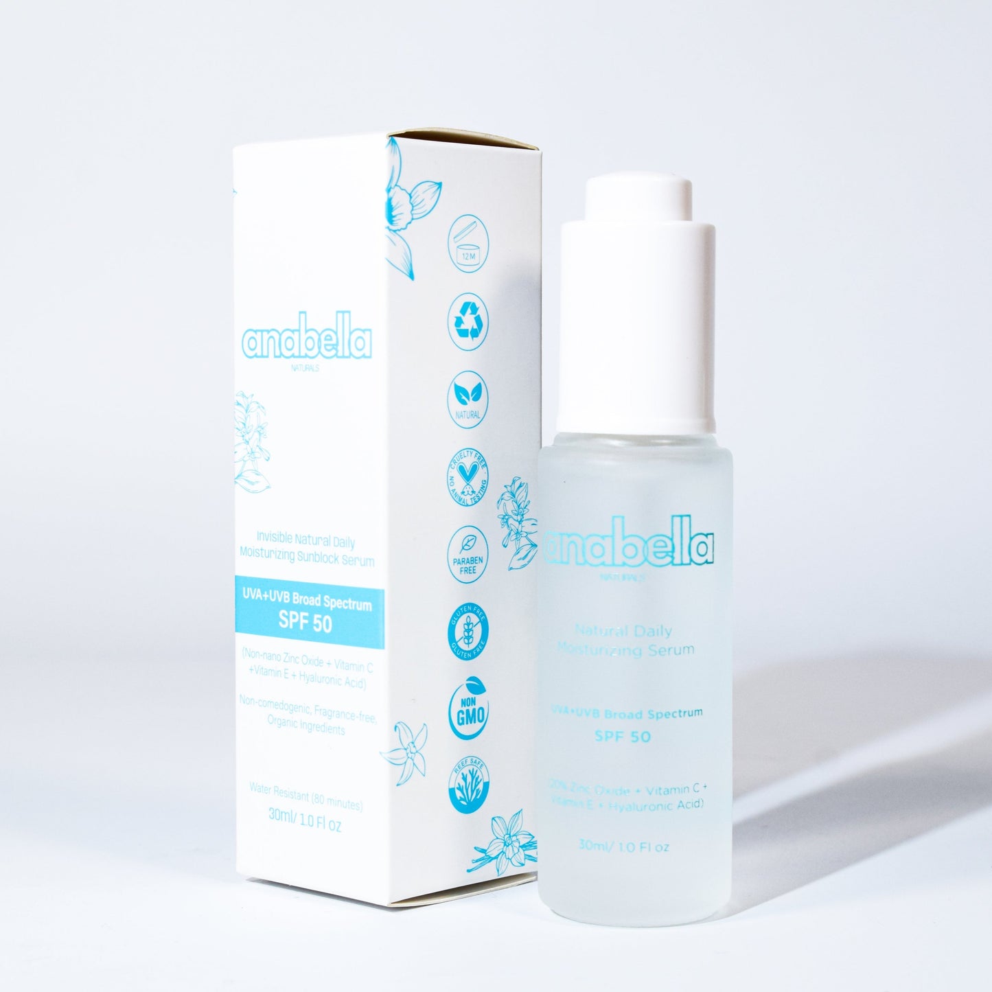 Natural daily invisible mineral hydrating moisturizing sunblock suncreen serum with zinc oxide and organic ingredients. Paraben-free fragrance-free vegan and non-comedogenic UVA+UVB broad spectrum SPF 50 waterproof reef safe light-weight with no white cast for sensitive and dry skin.